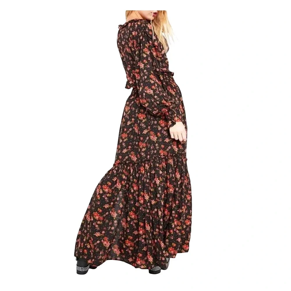 Free People Secret Garden Set Boho Black Floral Tiered Maxi Skirt Set Black S/M